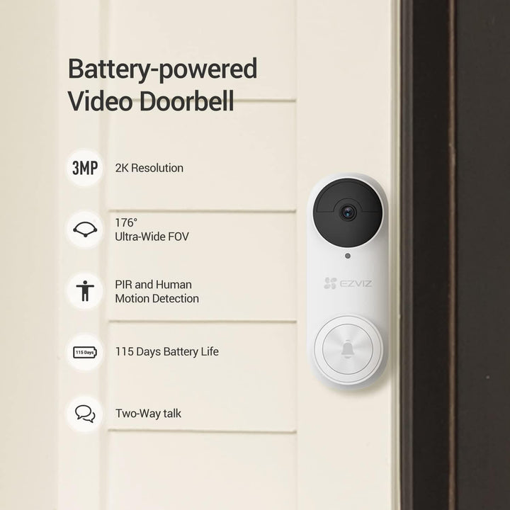 EZVIZ 2K Wireless Video Doorbell, Battery-Powered, 4-Month Battery Life, Multiple Ringtones, Anti-Tamper Alarm, AI Human Detection, Two Way Talk, Weatherproof, Simple Self-Installation (DB2 kit) - SMART HOME SHOP