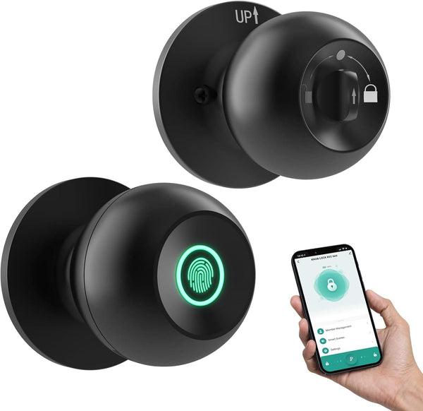 Fingerprint Door Lock, GHome Smart Door Knob with App Smart Lock for Bedroom Door, Keyless Entry, Type-C Port Emergency Charging, Biometric Lock Great for Room, Garage, Office, Apartment (Matt Black)