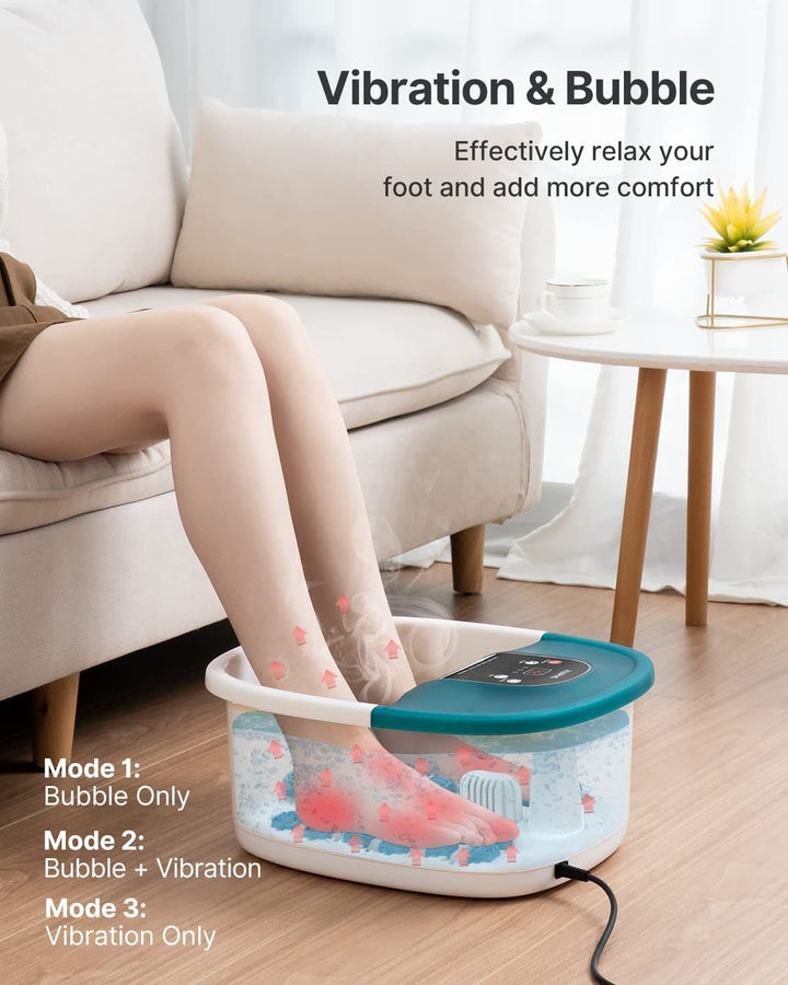 A woman is utilizing a Renpho Foot Spa Bath Core for wellness and recovery.