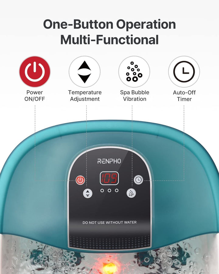 An image of a Renpho Foot Spa Bath Core, promoting health and wellness with its one button operation and multifunctionality.