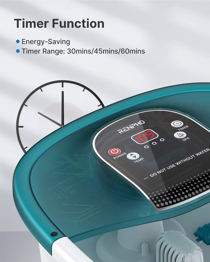 A timer function is displayed on the front of the Renpho Foot Spa Bath Core, promoting health and recovery.