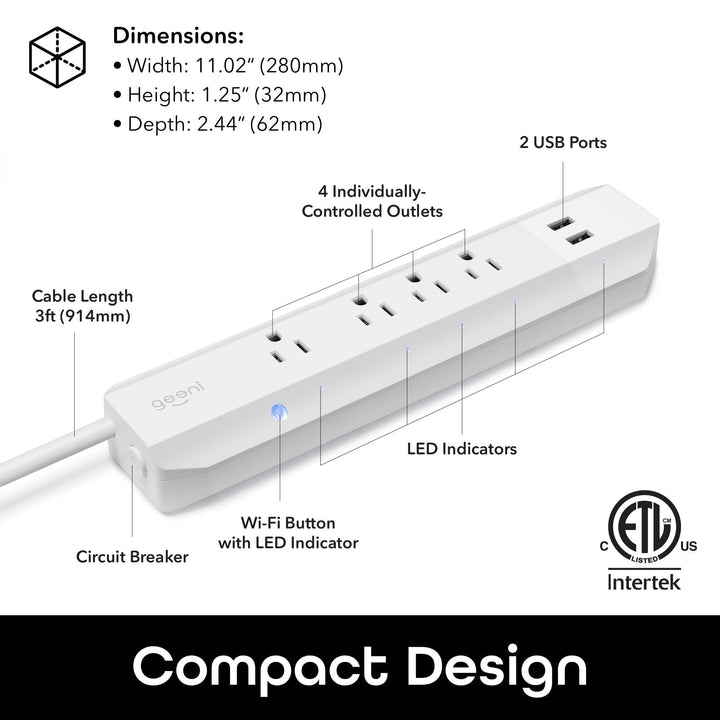 Geeni Surge 4 Outlet, 2 USB Surge Protector Strip - SMART HOME SHOP