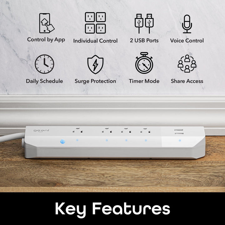 Geeni Surge 4 Outlet, 2 USB Surge Protector Strip - SMART HOME SHOP