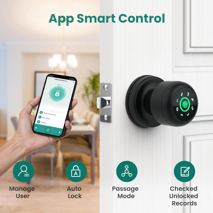 GHome 4 in 1 Smart Fingerprint Door Knob with Keypad Door Lock, Biometric Smart Door Knobs & App Control, Keyless Entry Door Lock Great for Home, Bedroom, Apartment Offices and Garages - SMART HOME SHOP
