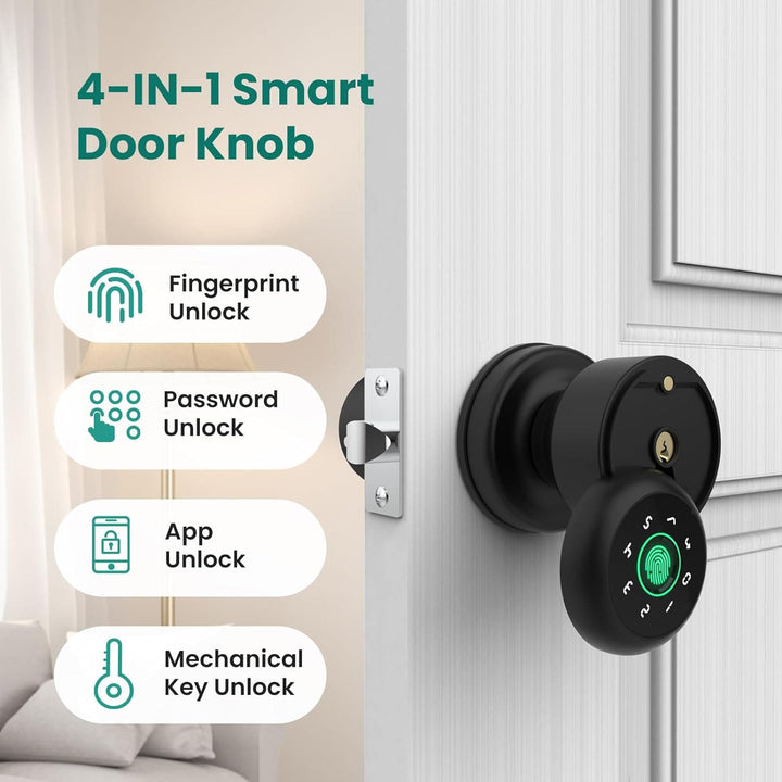 GHome 4 in 1 Smart Fingerprint Door Knob with Keypad Door Lock, Biometric Smart Door Knobs & App Control, Keyless Entry Door Lock Great for Home, Bedroom, Apartment Offices and Garages - SMART HOME SHOP