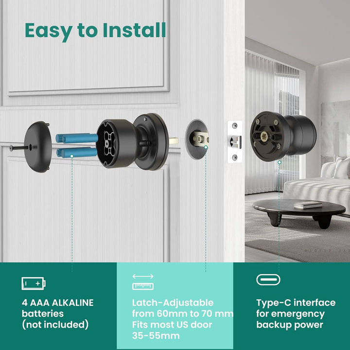 GHome 4 in 1 Smart Fingerprint Door Knob with Keypad Door Lock, Biometric Smart Door Knobs & App Control, Keyless Entry Door Lock Great for Home, Bedroom, Apartment Offices and Garages - SMART HOME SHOP