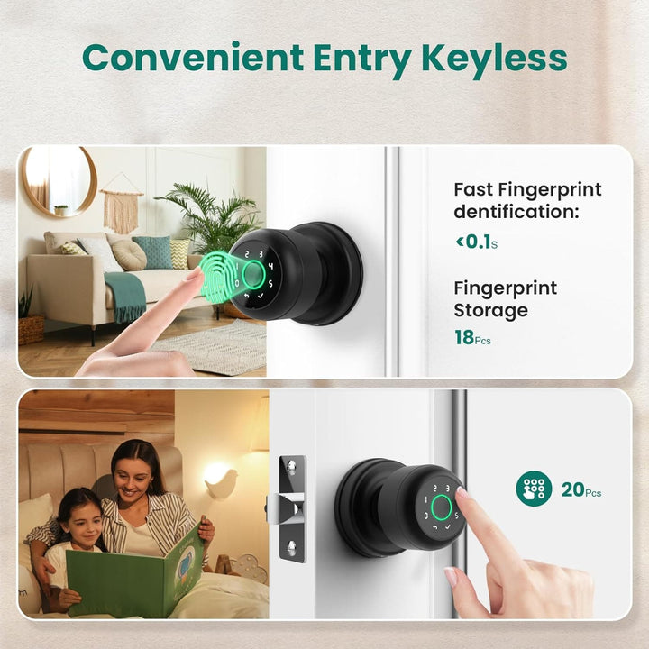 GHome 4 in 1 Smart Fingerprint Door Knob with Keypad Door Lock, Biometric Smart Door Knobs & App Control, Keyless Entry Door Lock Great for Home, Bedroom, Apartment Offices and Garages - SMART HOME SHOP