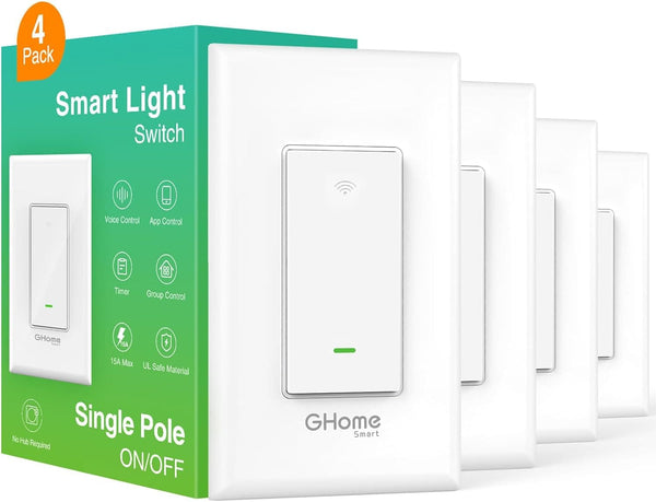 GHome Smart Switch, 2.4Ghz Wi-Fi Light Switch Compatible with Alexa, Google Home, Neutral Wire Required, Single-Pole,UL Certified,Voice Control and Timer,No Hub Required, 4Pack, White - SMART HOME SHOP
