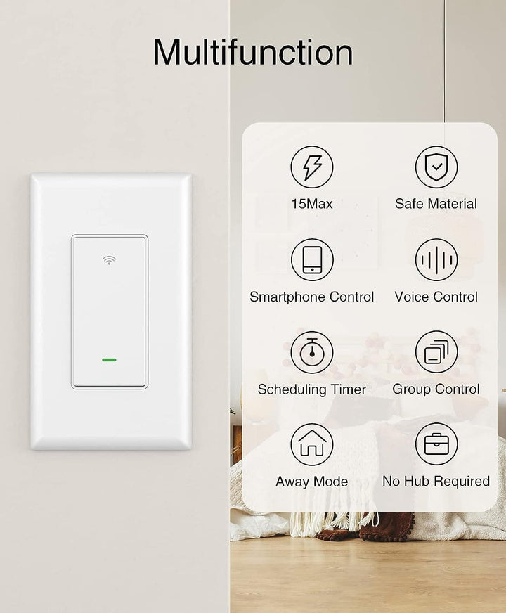 GHome Smart Switch, 2.4Ghz Wi-Fi Light Switch Compatible with Alexa, Google Home, Neutral Wire Required, Single-Pole,UL Certified,Voice Control and Timer,No Hub Required, 4Pack, White - SMART HOME SHOP