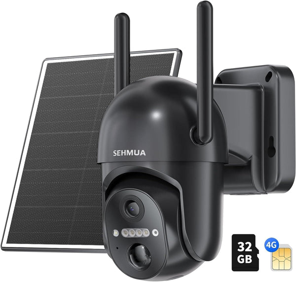 SEHMUA 4G LTE Cellular Solar Security Camera Wireless Outdoor, No WiFi Solar Powered Camera, 360° Live View, 2K Color Night Vision, PIR Motion Sensor, 2 Way Talk(32G SD&SIM Card Included) - SMART HOME SHOP