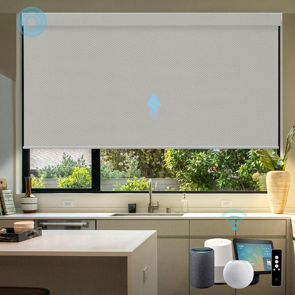 SmartWings Motorized Blinds with Remote for Windows, Automatic Smart Blinds Electric Roller Shades Blackout work with Alexa Homekit Thread Google Z-wave, Custom Up to 110"W x 128"H, Vinyl Light Grey - SMART HOME SHOP