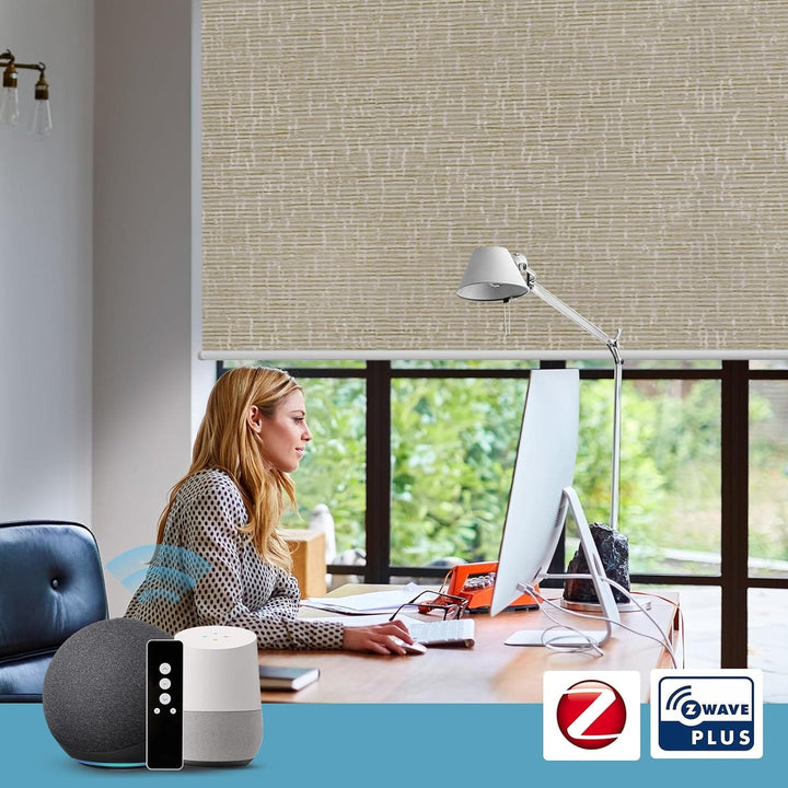 SmartWings Motorized Blinds Work with Alexa and Google, Automatic Z-Wave/Zigbee Smart Shades with Remote, 100% Blackout Roller Shade, Custom Up to 110" W x 120" H, Safari Biscuit - SMART HOME SHOP