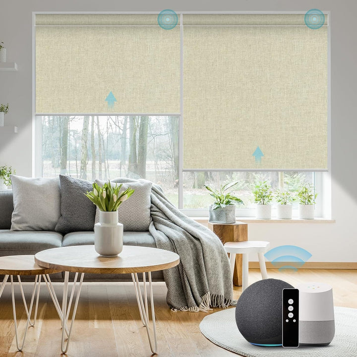 SmartWings Motorized Blinds Work with Alexa and Google, Automatic Z-Wave/Zigbee Smart Shades with Remote, 100% Blackout Roller Shade, Custom Up to 110" W x 120" H, Safari Biscuit - SMART HOME SHOP