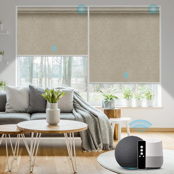 SmartWings Motorized Blinds Work with Alexa and Google, Automatic Z-Wave/Zigbee Smart Shades with Remote, 100% Blackout Roller Shade, Custom Up to 110" W x 120" H, Safari Biscuit - SMART HOME SHOP