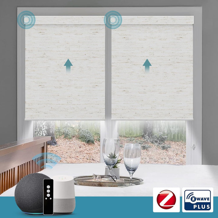 SmartWings Motorized Blinds Work with Alexa and Google, Automatic Z-Wave/Zigbee Smart Shades with Remote, 100% Blackout Roller Shade, Customized Width 16" to 110", Linen White - SMART HOME SHOP