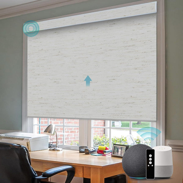 SmartWings Motorized Blinds Work with Alexa and Google, Automatic Z-Wave/Zigbee Smart Shades with Remote, 100% Blackout Roller Shade, Customized Width 16" to 110", Linen White - SMART HOME SHOP