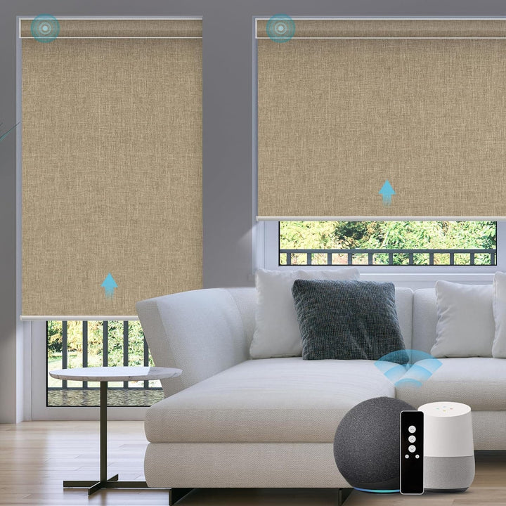 SmartWings Motorized Blinds Work with Alexa and Google, Automatic Z-Wave/Zigbee Smart Shades with Remote, 100% Blackout Roller Shade, Customized Width 16" to 110", Linen White - SMART HOME SHOP