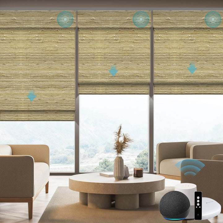 SmartWings Motorized Natural Woven Wood Blinds for Windows, Electric Auto Roman Shades with Remote for Sliding Doors, Compatitable with Alexa/Homekit/Google Home, Customized, Jute Linen-005 - SMART HOME SHOP