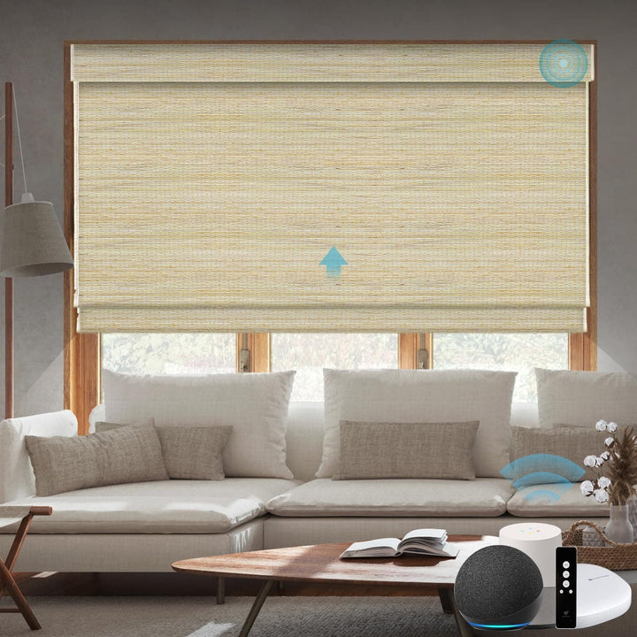SmartWings Motorized Natural Woven Wood Blinds for Windows, Electric Auto Roman Shades with Remote for Sliding Doors, Compatitable with Alexa/Homekit/Google Home, Customized, Jute Linen-005 - SMART HOME SHOP