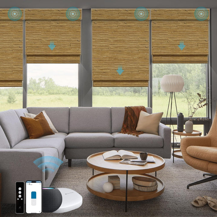 SmartWings Motorized Natural Woven Wood Blinds for Windows, Electric Auto Roman Shades with Remote for Sliding Doors, Compatitable with Alexa/Homekit/Google Home, Customized, Jute Linen-005 - SMART HOME SHOP