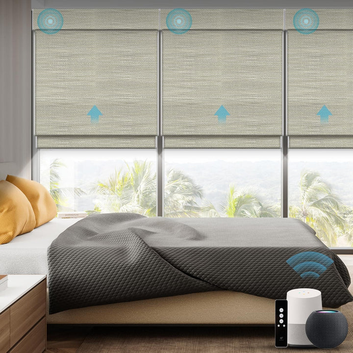 SmartWings Motorized Natural Woven Wood Blinds for Windows, Electric Auto Roman Shades with Remote for Sliding Doors, Compatitable with Alexa/Homekit/Google Home, Customized, Jute Linen-005 - SMART HOME SHOP