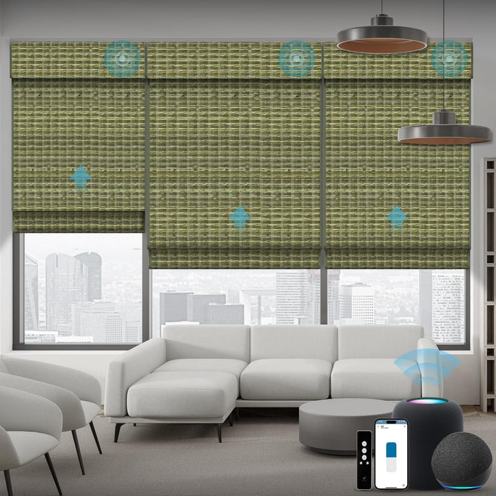 SmartWings Motorized Natural Woven Wood Blinds for Windows, Electric Auto Roman Shades with Remote for Sliding Doors, Compatitable with Alexa/Homekit/Google Home, Customized, Jute Linen-005 - SMART HOME SHOP