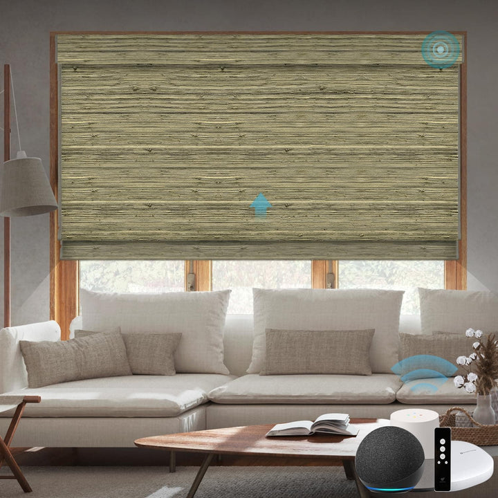 SmartWings Motorized Natural Woven Wood Blinds for Windows, Electric Auto Roman Shades with Remote for Sliding Doors, Compatitable with Alexa/Homekit/Google Home, Customized, Jute Linen-005 - SMART HOME SHOP