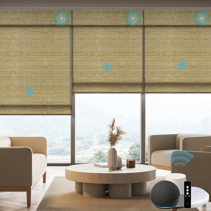 SmartWings Motorized Natural Woven Wood Blinds for Windows, Electric Auto Roman Shades with Remote for Sliding Doors, Compatitable with Alexa/Homekit/Google Home, Customized, Jute Linen-005 - SMART HOME SHOP