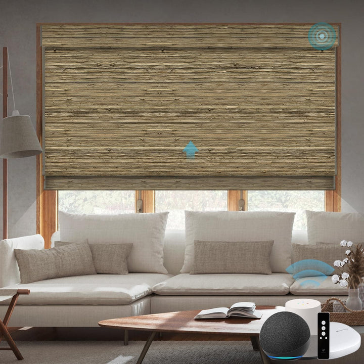 SmartWings Motorized Natural Woven Wood Blinds for Windows, Electric Auto Roman Shades with Remote for Sliding Doors, Compatitable with Alexa/Homekit/Google Home, Customized, Jute Linen-005 - SMART HOME SHOP
