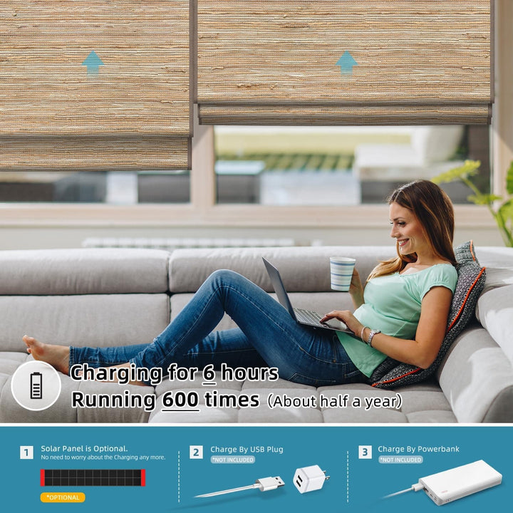 SmartWings Motorized Natural Woven Wood Blinds for Windows, Electric Auto Roman Shades with Remote for Sliding Doors, Compatitable with Alexa/Homekit/Google Home, Customized, Jute Linen-005 - SMART HOME SHOP
