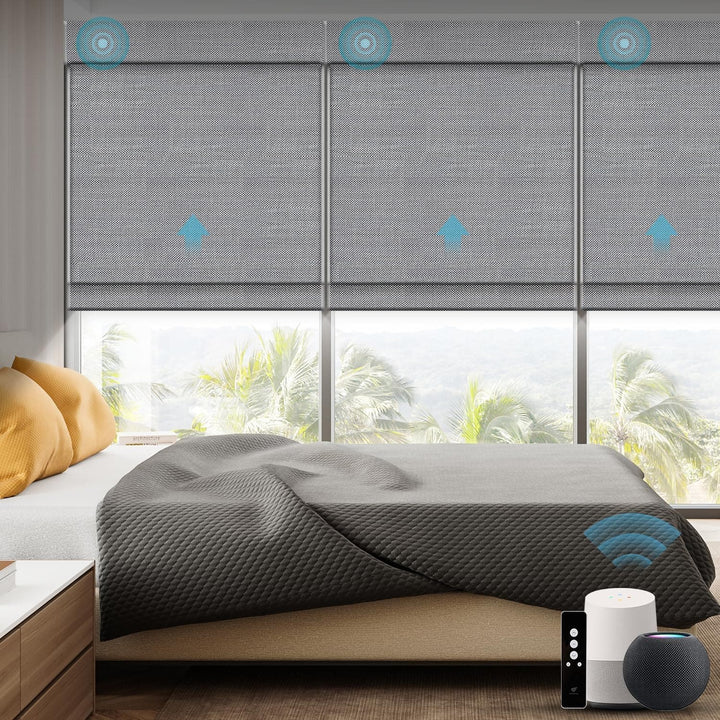 SmartWings Motorized Natural Woven Wood Blinds for Windows, Electric Auto Roman Shades with Remote for Sliding Doors, Compatitable with Alexa/Homekit/Google Home, Customized, Jute Linen-005 - SMART HOME SHOP