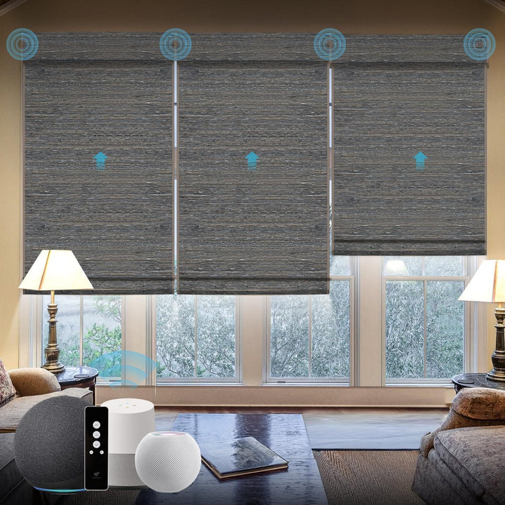 SmartWings Motorized Natural Woven Wood Blinds for Windows, Electric Auto Roman Shades with Remote for Sliding Doors, Compatitable with Alexa/Homekit/Google Home, Customized, Jute Linen-005 - SMART HOME SHOP