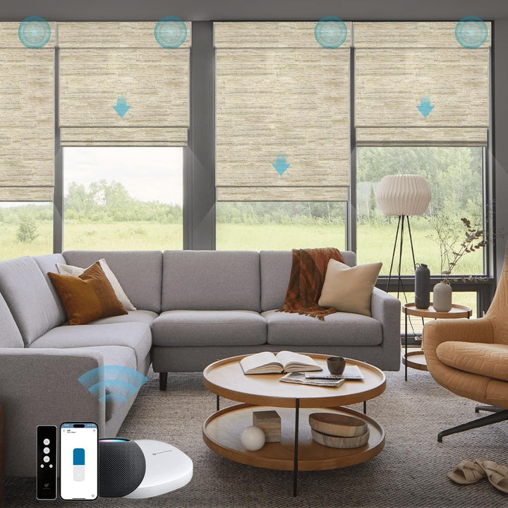 SmartWings Motorized Natural Woven Wood Blinds for Windows, Electric Auto Roman Shades with Remote for Sliding Doors, Compatitable with Alexa/Homekit/Google Home, Customized, Jute Linen-005 - SMART HOME SHOP