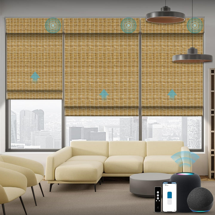 SmartWings Motorized Natural Woven Wood Blinds for Windows, Electric Auto Roman Shades with Remote for Sliding Doors, Compatitable with Alexa/Homekit/Google Home, Customized, Jute Linen-005 - SMART HOME SHOP