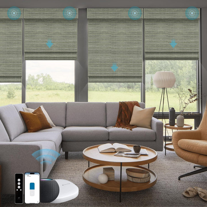 SmartWings Motorized Natural Woven Wood Blinds for Windows, Electric Auto Roman Shades with Remote for Sliding Doors, Compatitable with Alexa/Homekit/Google Home, Customized, Jute Linen-005 - SMART HOME SHOP