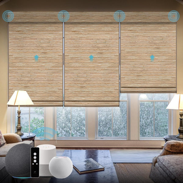 SmartWings Motorized Natural Woven Wood Blinds for Windows, Electric Auto Roman Shades with Remote for Sliding Doors, Compatitable with Alexa/Homekit/Google Home, Customized, Jute Linen-005 - SMART HOME SHOP