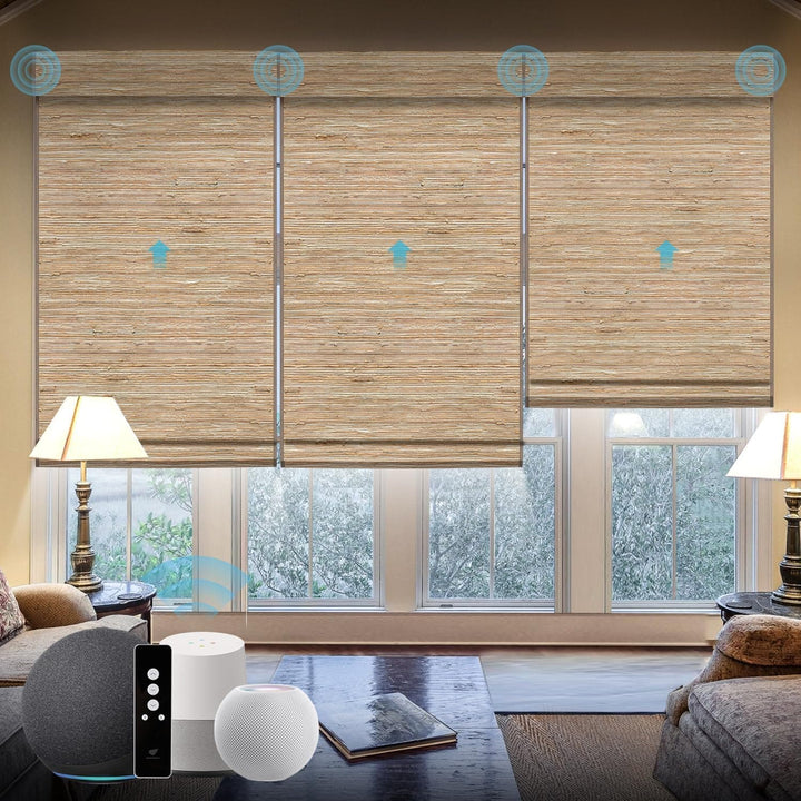 SmartWings Motorized Natural Woven Wood Blinds for Windows, Electric Auto Roman Shades with Remote for Sliding Doors, Compatitable with Alexa/Homekit/Google Home, Customized, Jute Linen-005 - SMART HOME SHOP