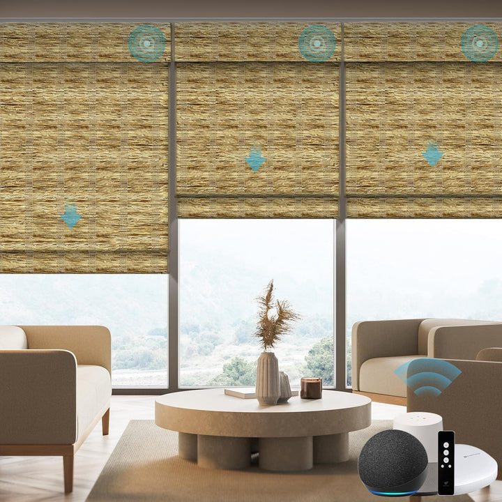SmartWings Motorized Natural Woven Wood Blinds for Windows, Electric Auto Roman Shades with Remote for Sliding Doors, Compatitable with Alexa/Homekit/Google Home, Customized, Jute Linen-005 - SMART HOME SHOP