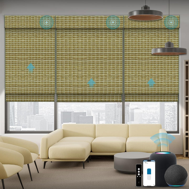 SmartWings Motorized Natural Woven Wood Blinds for Windows, Electric Auto Roman Shades with Remote for Sliding Doors, Compatitable with Alexa/Homekit/Google Home, Customized, Jute Linen-005 - SMART HOME SHOP