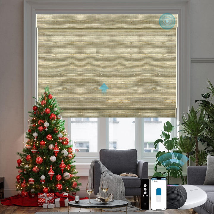 SmartWings Motorized Natural Woven Wood Blinds for Windows, Electric Auto Roman Shades with Remote for Sliding Doors, Compatitable with Alexa/Homekit/Google Home, Customized, Jute Linen-005 - SMART HOME SHOP