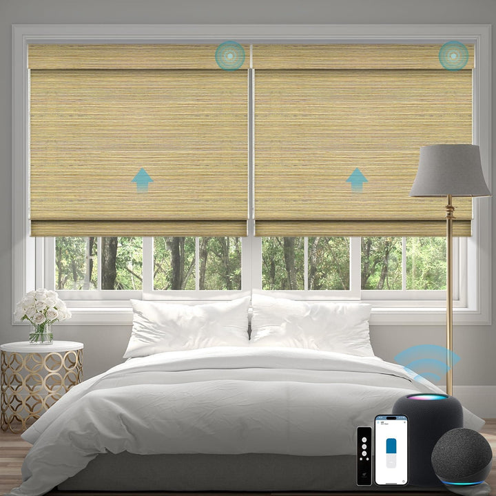SmartWings Motorized Natural Woven Wood Blinds for Windows, Electric Auto Roman Shades with Remote for Sliding Doors, Compatitable with Alexa/Homekit/Google Home, Customized, Jute Linen-005 - SMART HOME SHOP