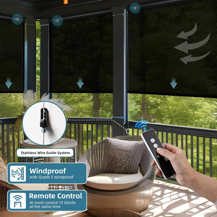 SmartWings Motorized Outdoor Patio Shades, Compatible with Zigbee/Alexa/Z-Wave/Homekit, Remote Control Roller Blinds with Smart Motor, Exterior Solar Shades Weatherproof & Sun Blocking, Black - SMART HOME SHOP