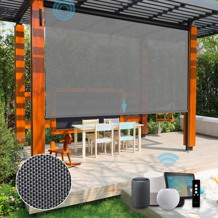 SmartWings Motorized Outdoor Patio Shades, Compatible with Zigbee/Alexa/Z-Wave/Homekit, Remote Control Roller Blinds with Smart Motor, Exterior Solar Shades Weatherproof & Sun Blocking, Black - SMART HOME SHOP