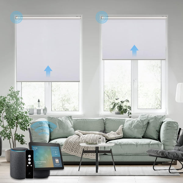 SmartWings Motorized Roller Shades, 100% Blackout Auto Smart Window Blinds with Zigbee Motor Alexa, Cordless Remote Control Rechargeable, White, W23 xH72 - SMART HOME SHOP