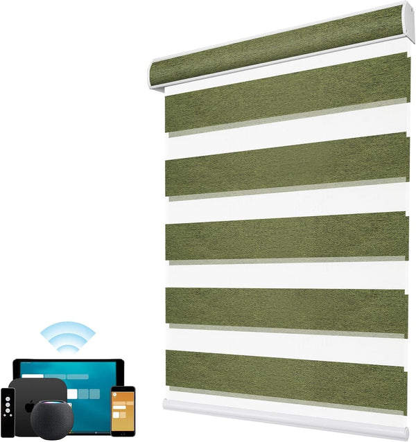 SmartWings Motorized Shades Work with HomeKit Thread-Enabled, Light Filtering Zebra Sheer Smart Shades with Remote Control, Automatic Day and Night Electric Blinds, Customized Size, Olive Green - SMART HOME SHOP