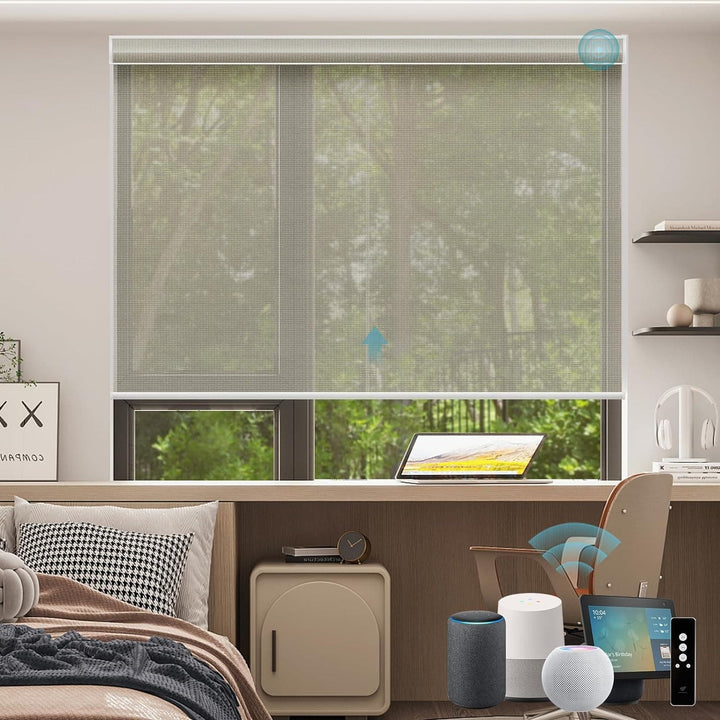 SmartWings Motorized Smart Blinds for Windows in Light Filtering, Electric Remote Roller Shades Compatible with Alexa Google Z-Wave Homekit Thread, Custom Up to 110”W x 148”H, Linen Translucent White - SMART HOME SHOP