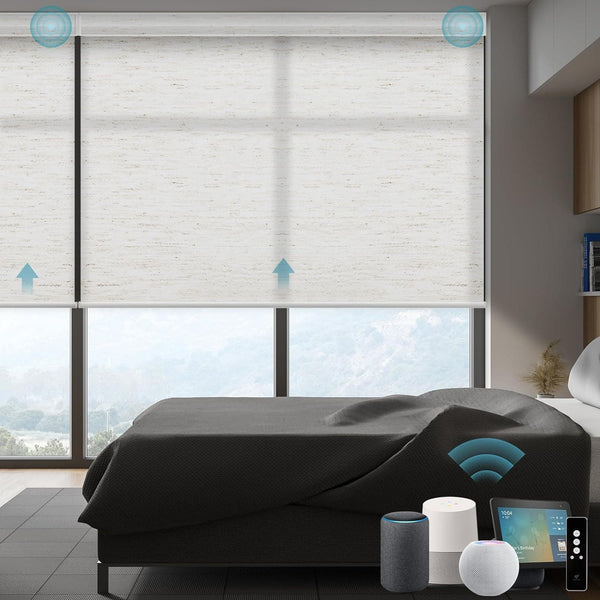 SmartWings Motorized Smart Blinds for Windows in Light Filtering, Electric Remote Roller Shades Compatible with Alexa Google Z-Wave Homekit Thread, Custom Up to 110”W x 148”H, Linen Translucent White - SMART HOME SHOP