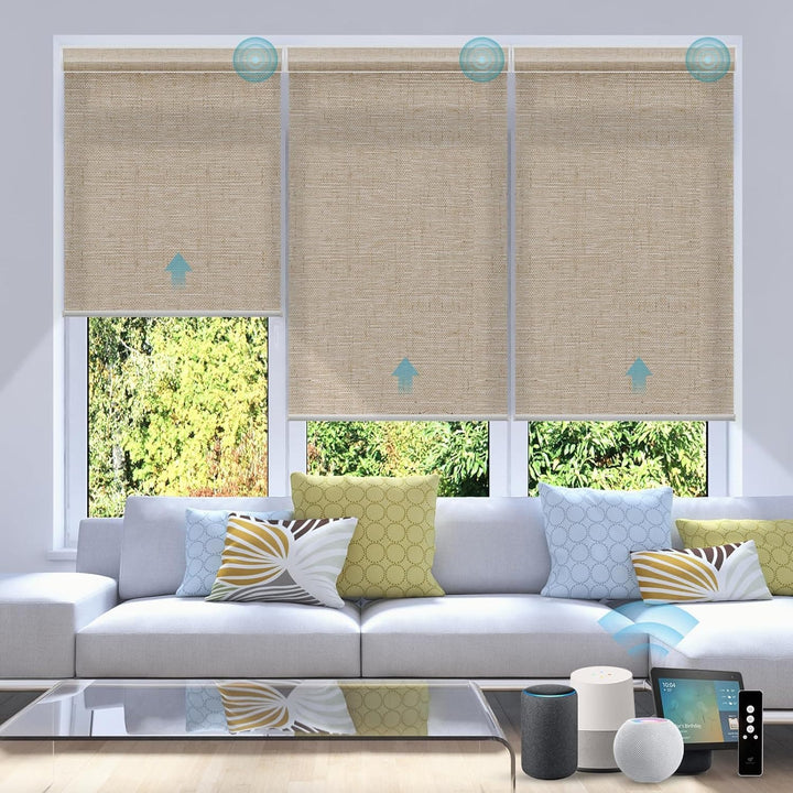 SmartWings Motorized Smart Blinds for Windows in Light Filtering, Electric Remote Roller Shades Compatible with Alexa Google Z-Wave Homekit Thread, Custom Up to 110”W x 148”H, Linen Translucent White - SMART HOME SHOP