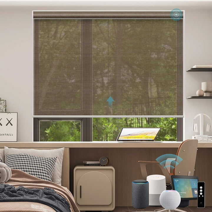 SmartWings Motorized Smart Blinds for Windows in Light Filtering, Electric Remote Roller Shades Compatible with Alexa Google Z-Wave Homekit Thread, Custom Up to 110”W x 148”H, Linen Translucent White - SMART HOME SHOP