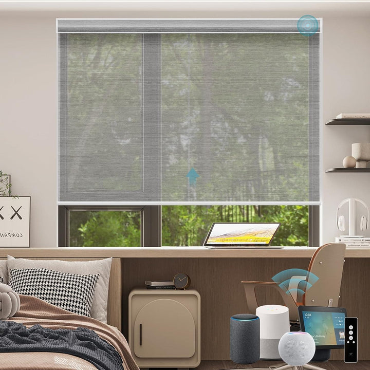 SmartWings Motorized Smart Blinds for Windows in Light Filtering, Electric Remote Roller Shades Compatible with Alexa Google Z-Wave Homekit Thread, Custom Up to 110”W x 148”H, Linen Translucent White - SMART HOME SHOP